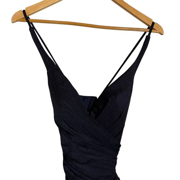 La Femme Navy Ruched Jersey V-Neck Slit Formal Gown Dress Tie Up Back Size 0 - Picture 3 of 9